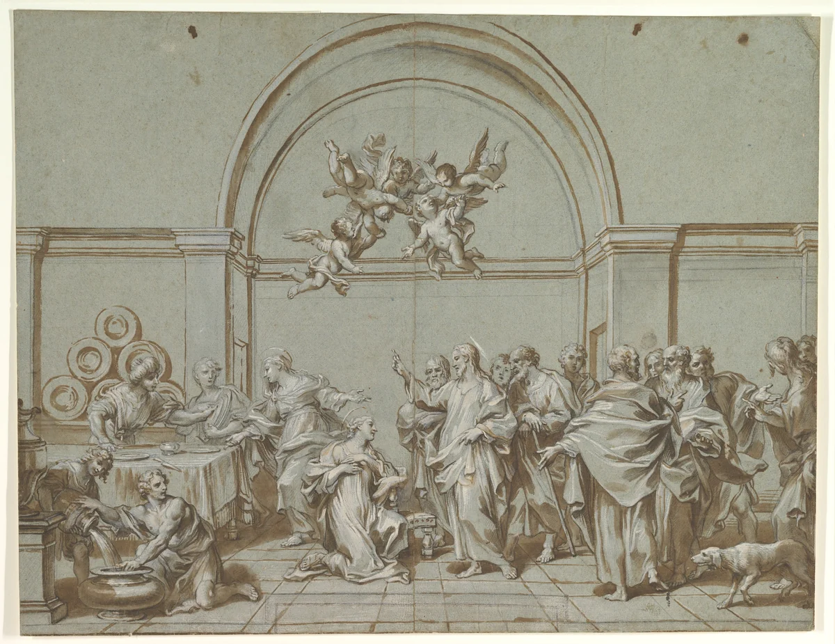 Christ in the House of Martha and Mary (Luke 10:38-42) by Paolo Gerolamo Piola, drawing, 1695-1705