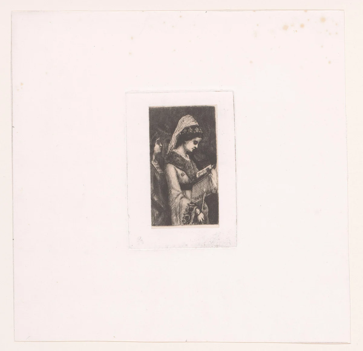 Edelvrouw leest in haar gebedenboek met een kaars in de hand by Jean-Baptiste Anthony, print, 1864-1909