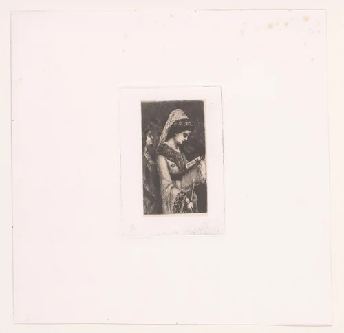 Edelvrouw leest in haar gebedenboek met een kaars in de hand by Jean-Baptiste Anthony, print, 1864-1909