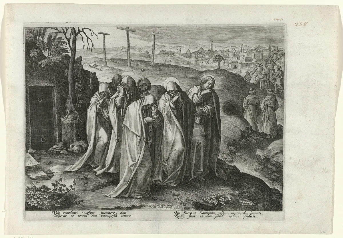 Rouwstoet verlaat het graf van Christus by Unknown, print, 1585-1586