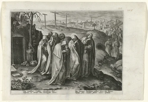 Rouwstoet verlaat het graf van Christus by Unknown, print, 1585-1586