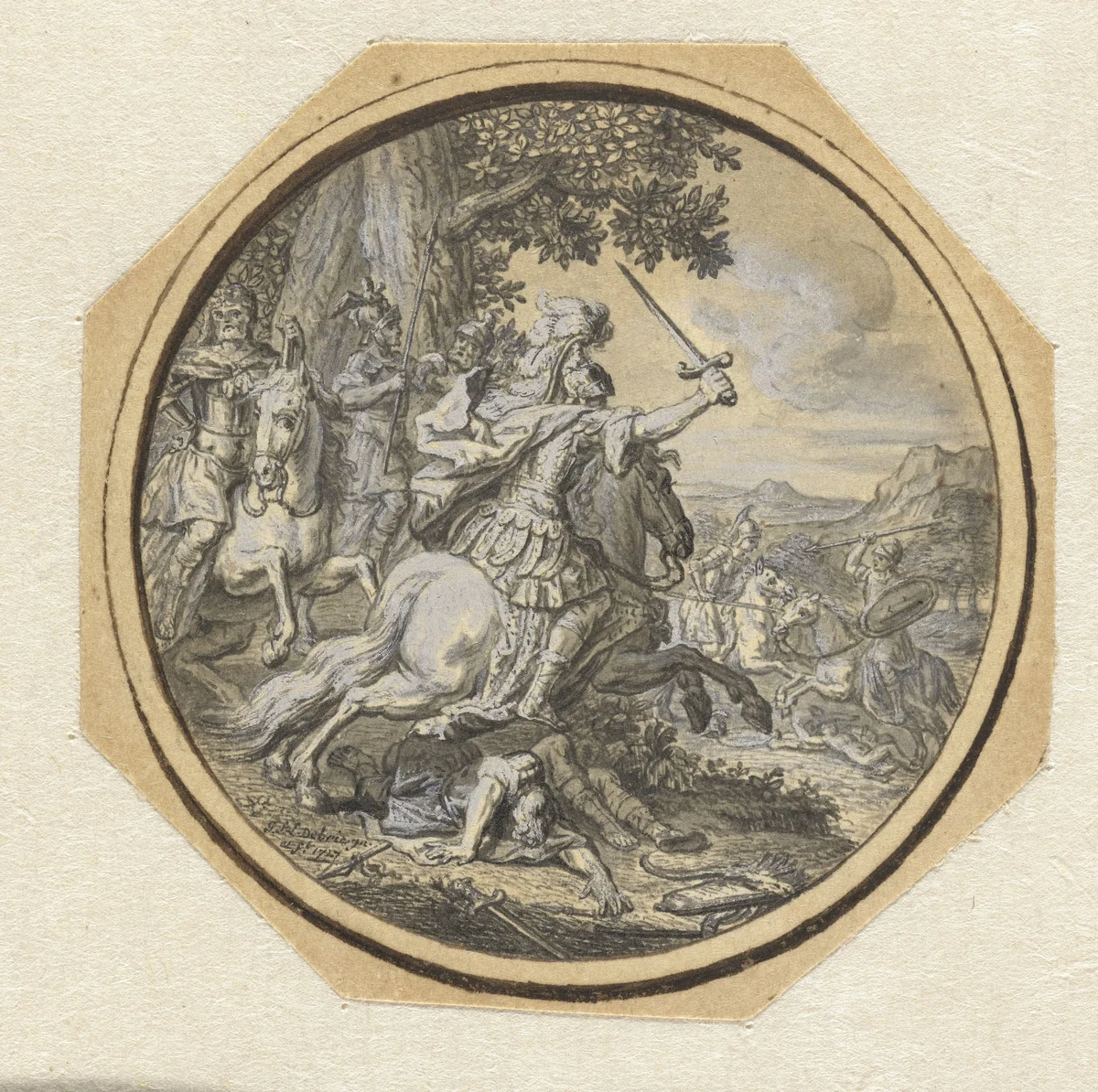 Krijgsscène by Gabriël François Louis Debrie, drawing, 1747