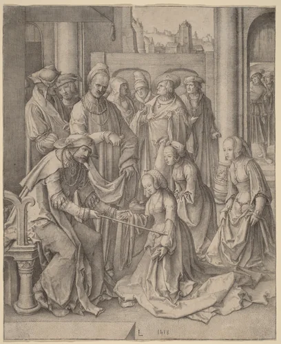 Esther before Ahasuerus by Lucas van Leyden, print, 1518