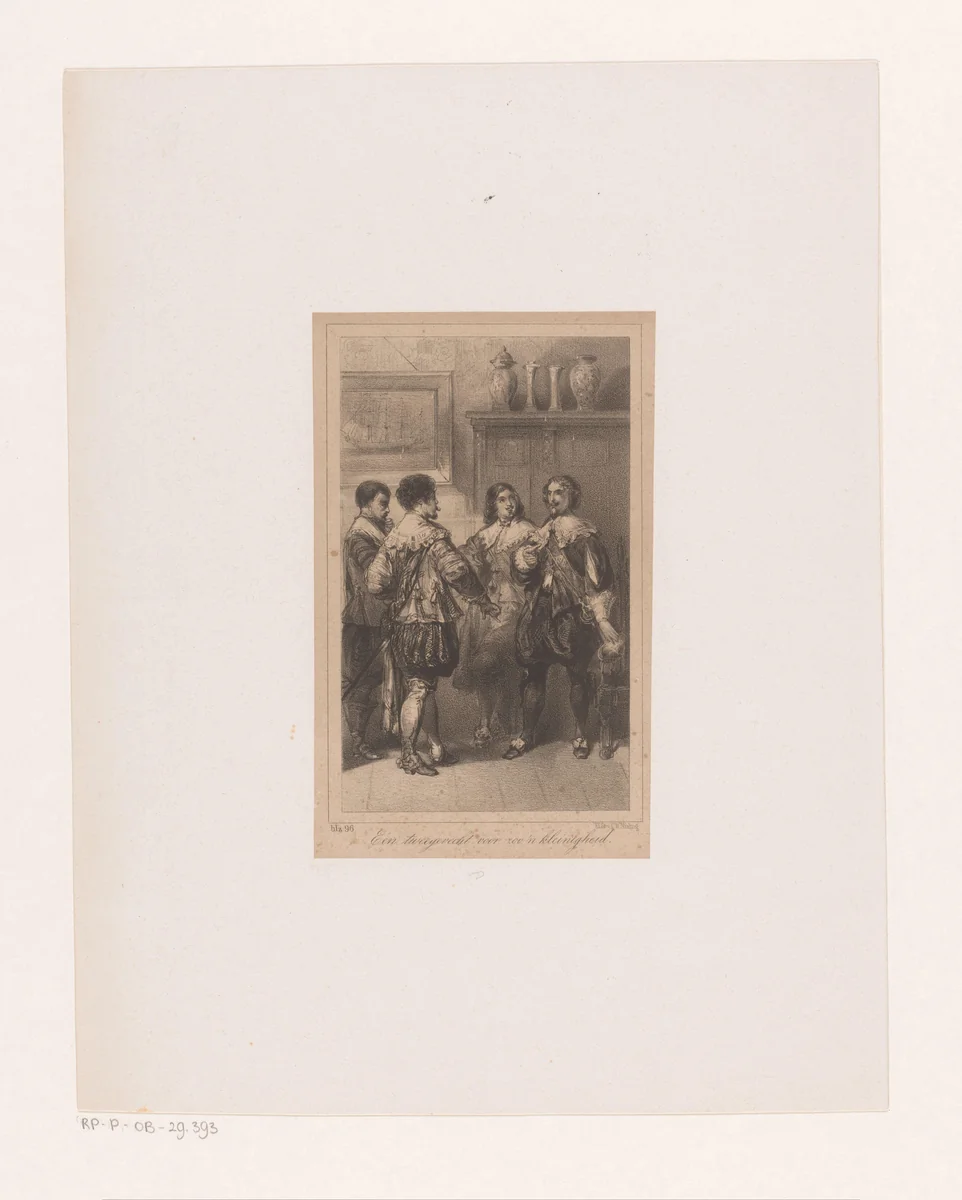 Vier mannen in zeventiende-eeuws kostuum by Charles Rochussen, print, 1847-1865