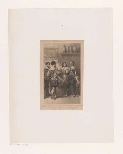 Vier mannen in zeventiende-eeuws kostuum by Charles Rochussen, print, 1847-1865