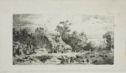 Landscape with Thatched Cottages by Charles-Émile Jacque, print, 1844
