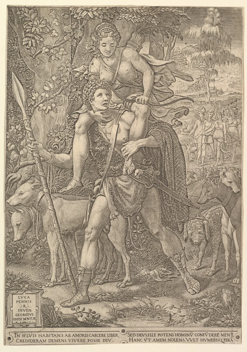 Allegory of the Hunt; a hunter holding a large spear carrying a woman (Diana?) on his shoulders; five hunting dogs in the foreground and a retinue of male and female hunters in the background by Giorgio Ghisi, print, 1556