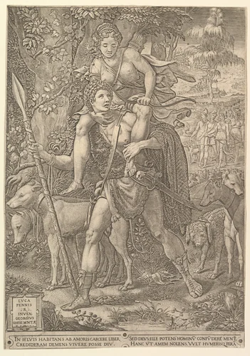 Allegory of the Hunt; a hunter holding a large spear carrying a woman (Diana?) on his shoulders; five hunting dogs in the foreground and a retinue of male and female hunters in the background by Giorgio Ghisi, print, 1556