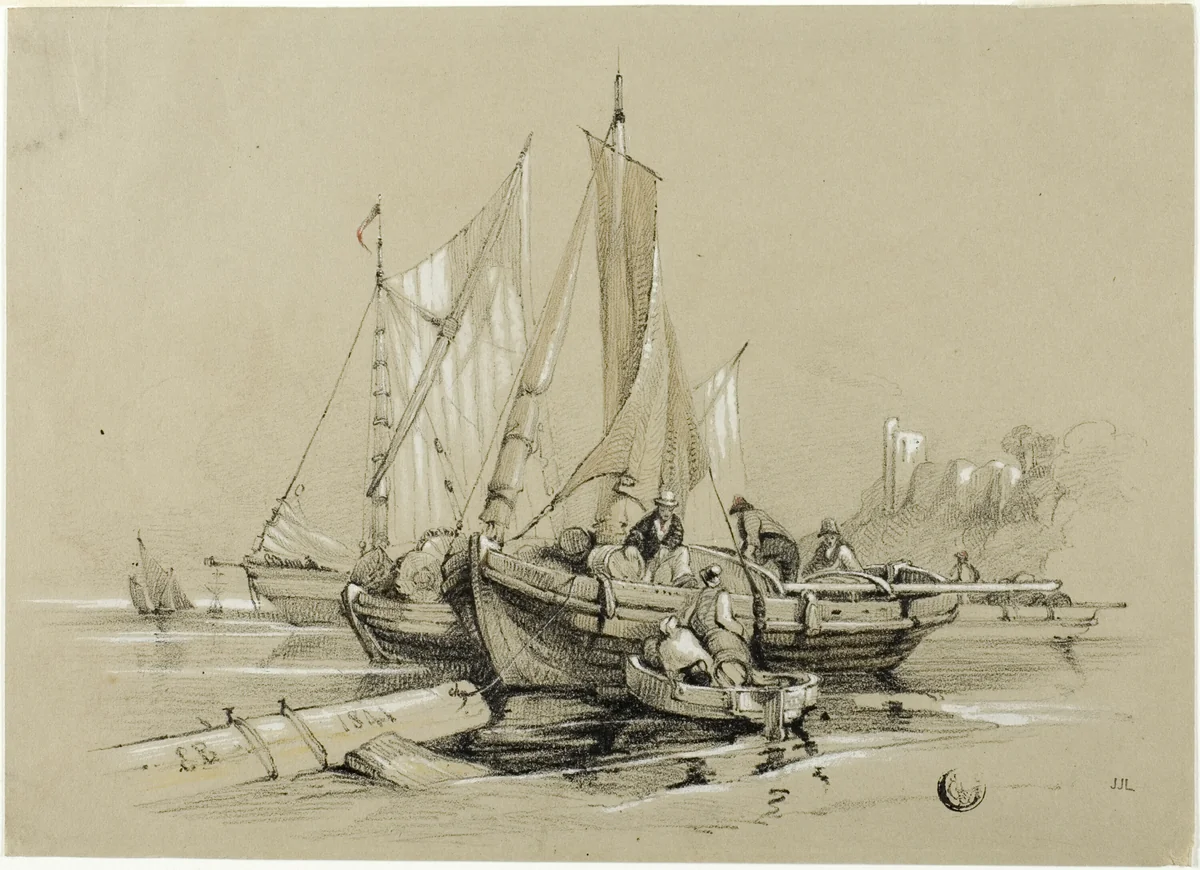 Harbor with Cutters by Eugène Blery or Eduard Julius Friedrich Bendemann, drawing, 1841