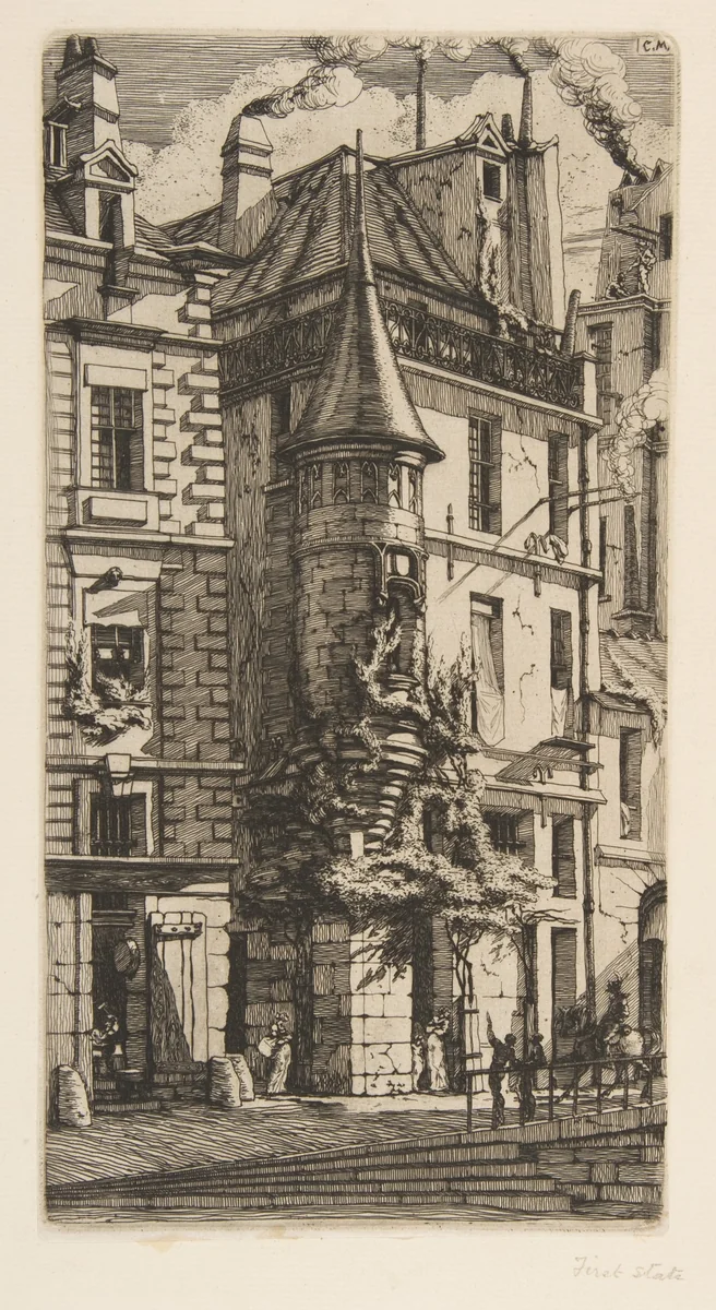 House with a Turret, rue de la Tixéranderie, Paris by Charles Meryon, print, 1852
