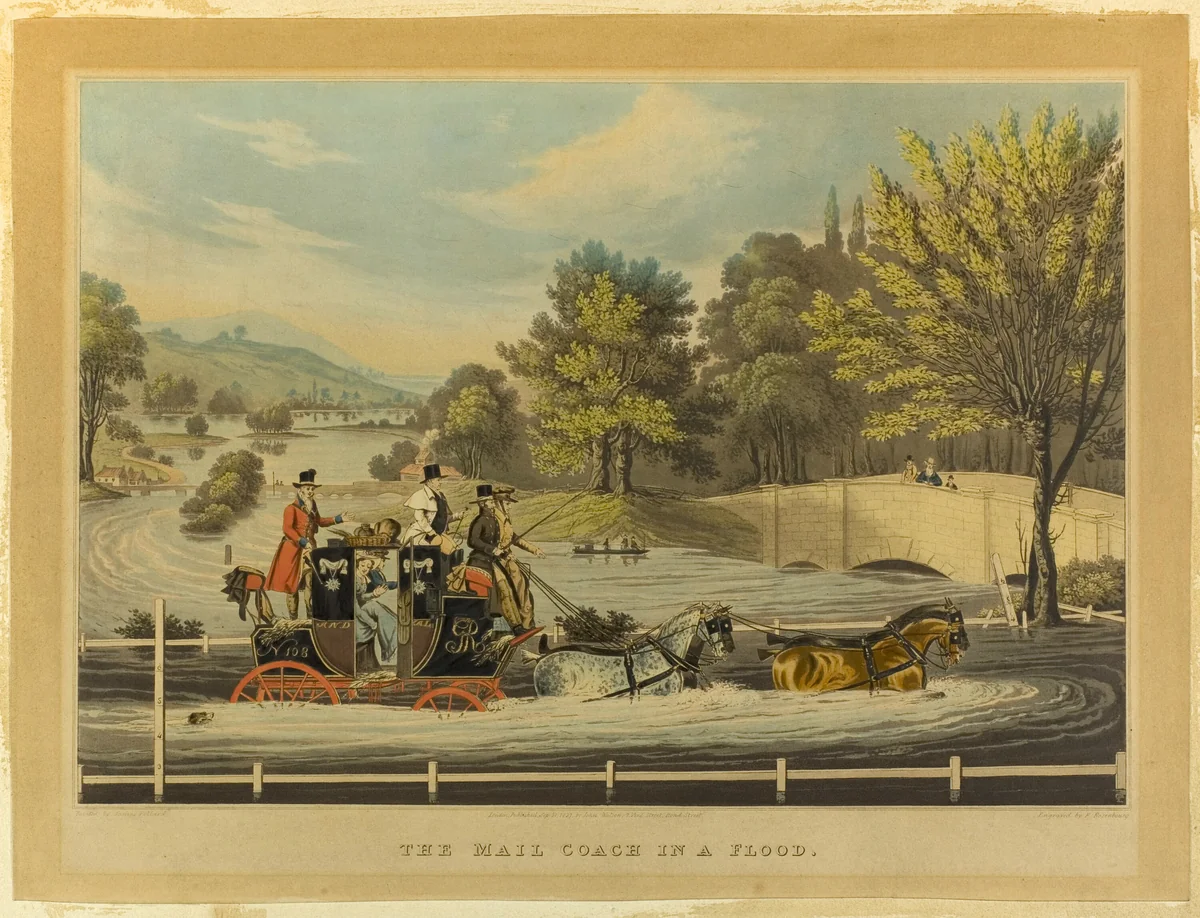 The Mail Coach in a Flood by Robert Pollard, print, 1827