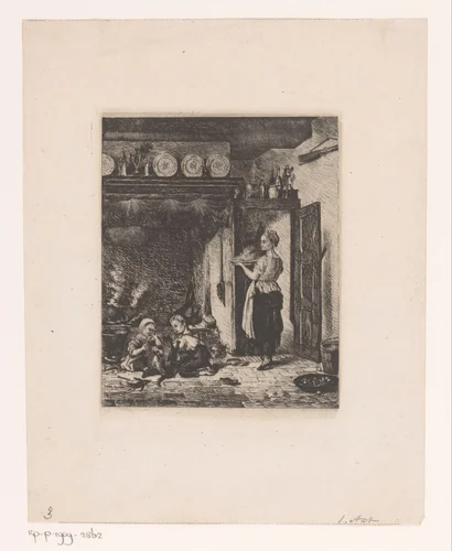 Moeder met twee spelende kinderen in de keuken by Constant Aimé Marie Cap, print, 1875