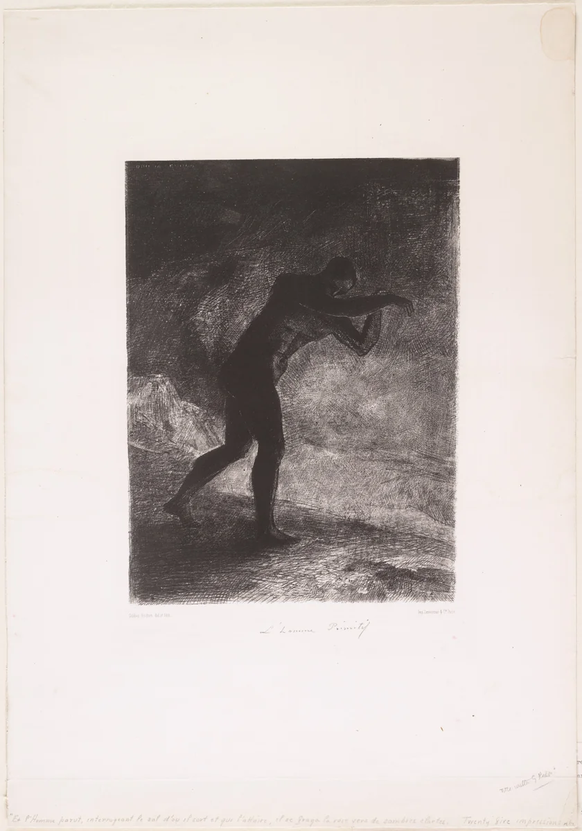 And Man Appeared, Questioning the Earth from Which He Came and Which Draws Him Back, as He Cleared a Way Forward to the Murky Light (Et l'homme parut, interrogeant le sol d'où il sort et qui l'attire, il se fraya la voie vers de sombres clartés) by Odilon Redon, print, 1883