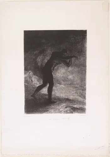 And Man Appeared, Questioning the Earth from Which He Came and Which Draws Him Back, as He Cleared a Way Forward to the Murky Light (Et l'homme parut, interrogeant le sol d'où il sort et qui l'attire, il se fraya la voie vers de sombres clartés) by Odilon Redon, print, 1883