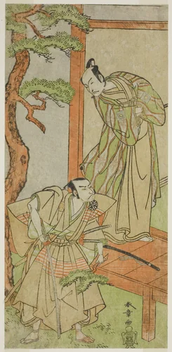 The Actors Ichikawa Danjuro V as Momonoi Wakasanosuke (right), and Nakamura Nakazo I as Kakogawa Honzo (left), in the Play Kanadehon Chushingura, Performed at the Nakamura Theater in the Fifth Month, 1771 by Katsukawa Shunsho (勝川 春章), print, 1766-1776
