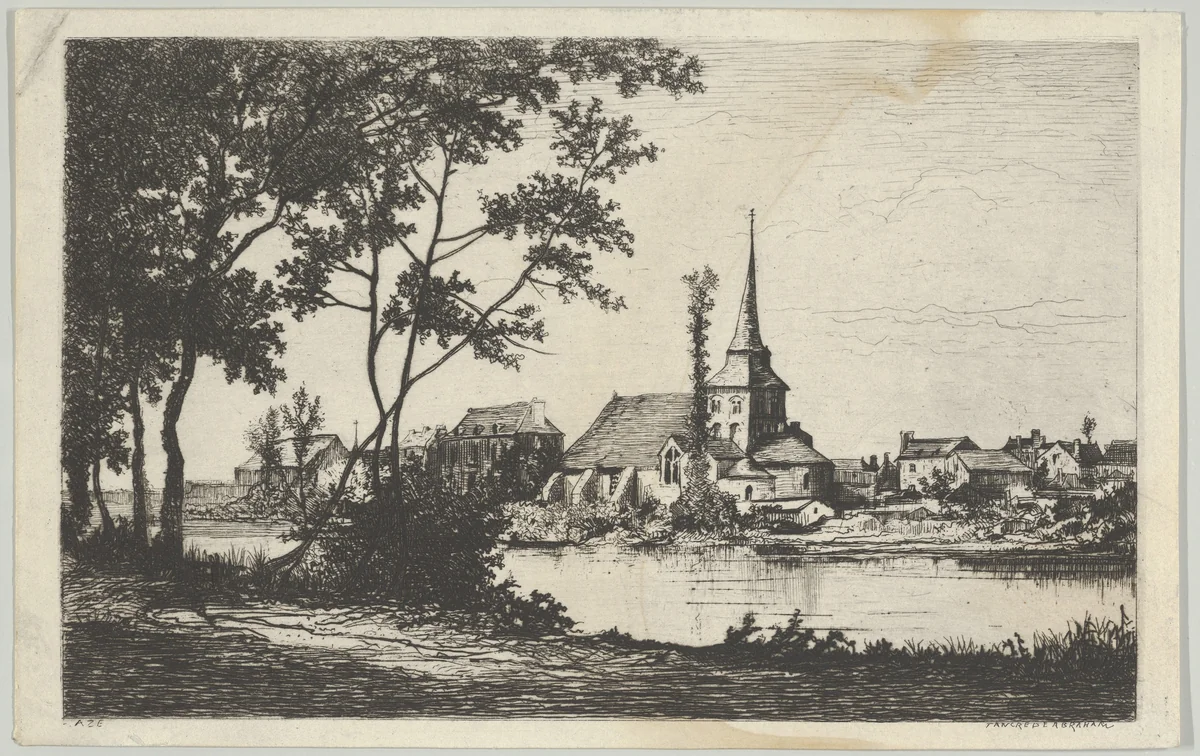 Town with a church across a river by Tancrède Abraham, print, 1836-1895