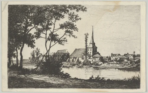 Town with a church across a river by Tancrède Abraham, print, 1836-1895