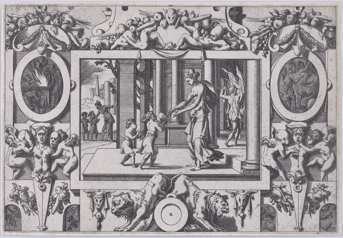 The Children of Medea and Jason Give Creusa the Fatal Present (Par ses deux fils à l'épouse nouvelle envoyé en don la couronne mortelle...), from "Jason and the Golden Fleece" by René Boyvin, print, 1563