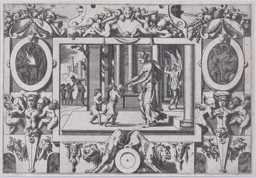 The Children of Medea and Jason Give Creusa the Fatal Present (Par ses deux fils à l'épouse nouvelle envoyé en don la couronne mortelle...), from "Jason and the Golden Fleece" by René Boyvin, print, 1563