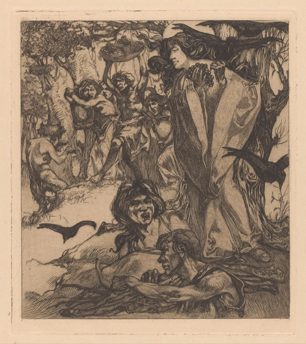 Bosachtig landschap met mensen, kraaien en sater by Johannes Josephus Aarts, print, 1881-1934