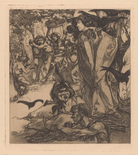 Bosachtig landschap met mensen, kraaien en sater by Johannes Josephus Aarts, print, 1881-1934