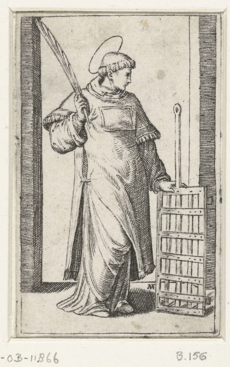Heilige Laurentius als diaken met rooster by Marcantonio Raimondi, print, 1500-1527
