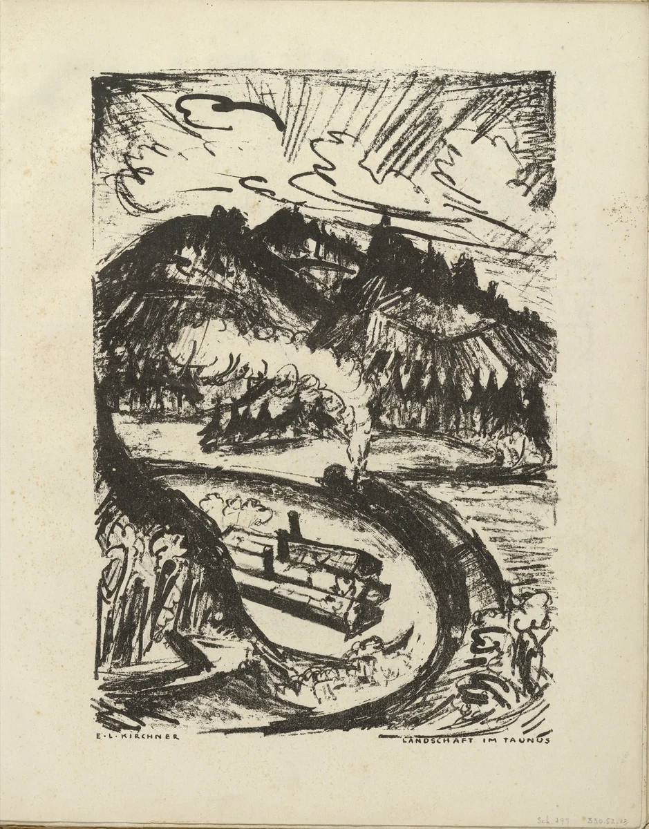 Landscape in the Taunus (Landschaft im Taunus) (plate, folio 13) from the periodical Der Bildermann, vol. 1, no. 6 (Jun 1916) by Ernst Ludwig Kirchner, periodical, 1916