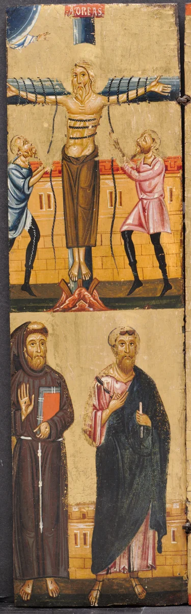 The Crucifixion of St. Andrew, with St. Francis and St. Paul below by Berlinghiero, painting, 1225-1235