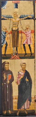 The Crucifixion of St. Andrew, with St. Francis and St. Paul below by Berlinghiero, painting, 1225-1235
