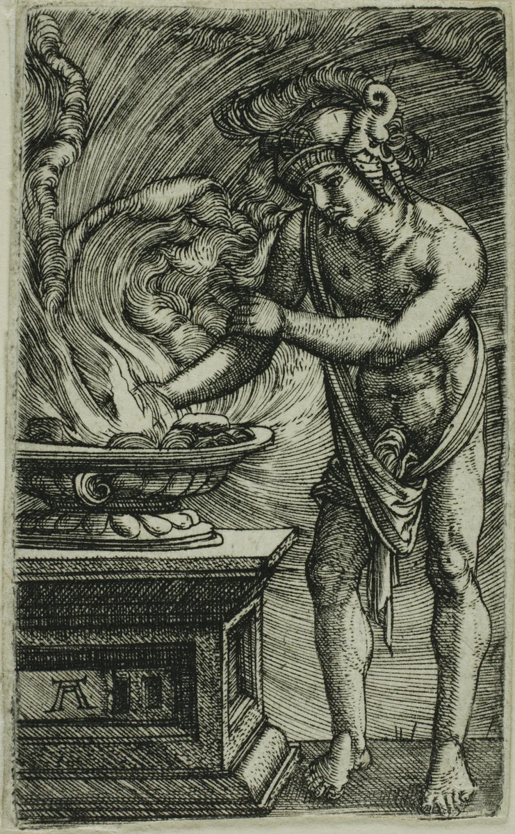 Mucius Scaevola Burning his Hand by Albrecht Altdorfer, print, 1515-1535