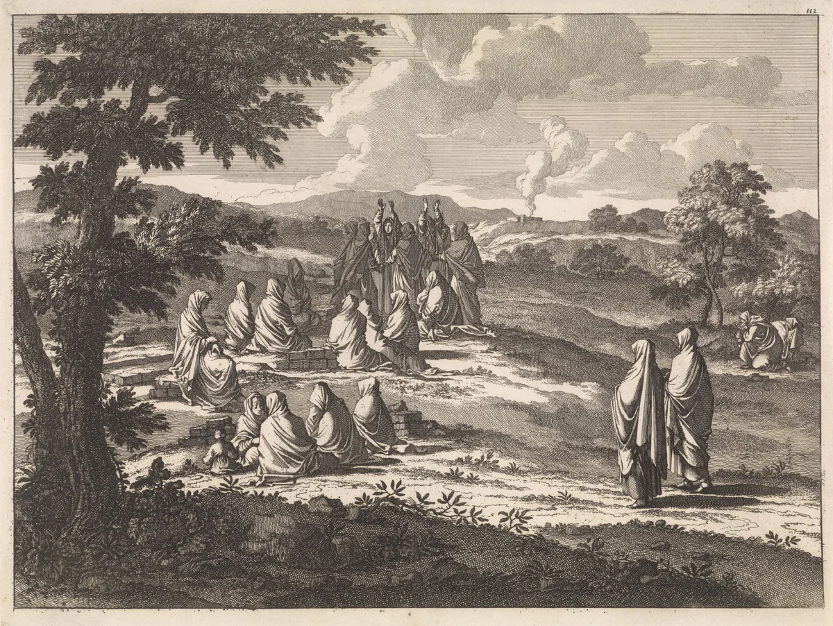 Vrouwen te Ramla treurend bij een graf by Jan Luyken, print, 1698