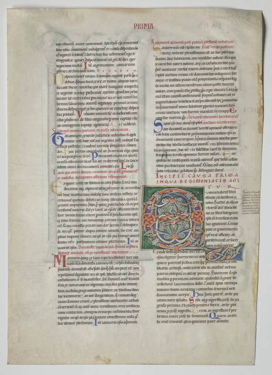 Single Leaf from a Decretum by Gratian: Decorated Initial Q[uidam habens filium obtulit] by Unknown, manuscript, 1160-1165