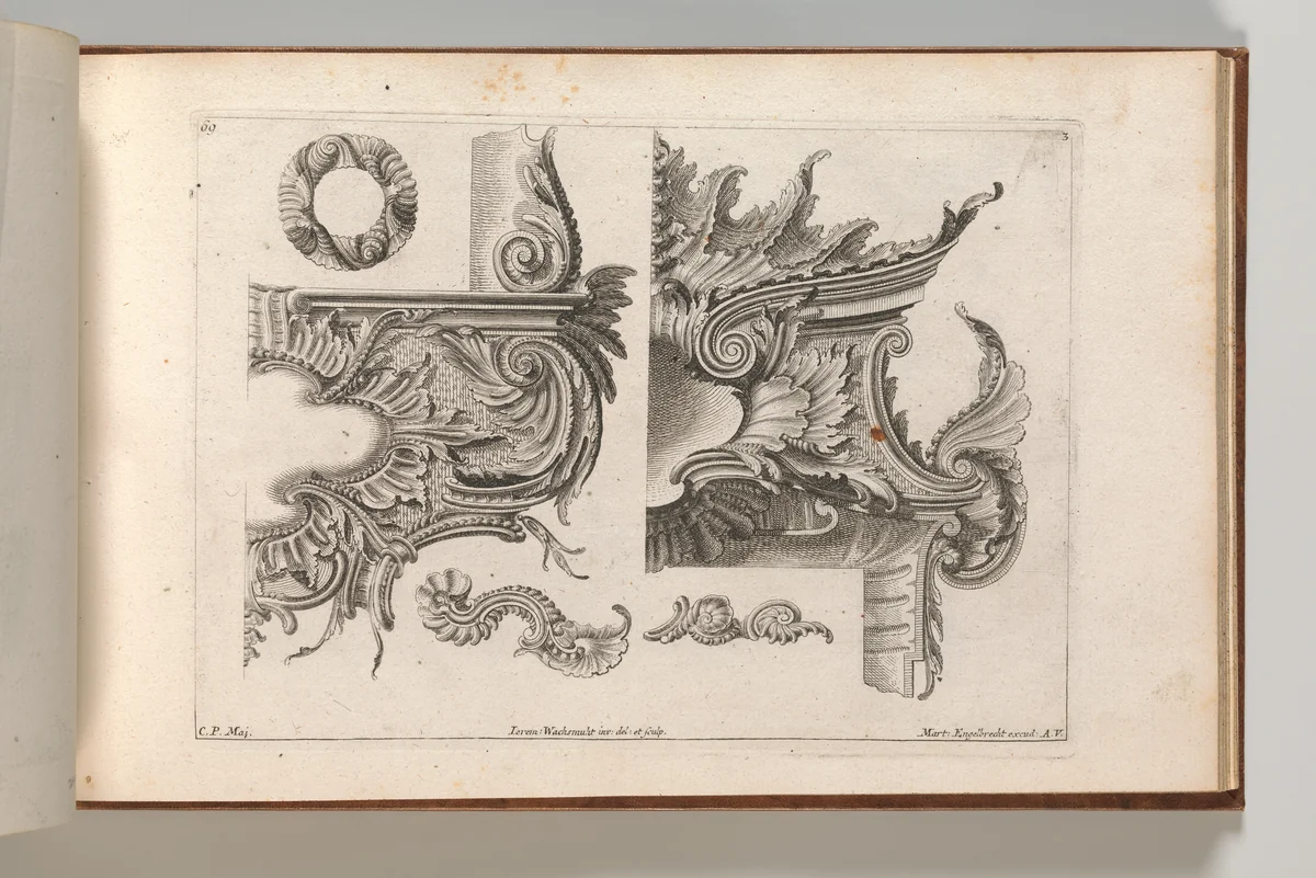 Suggestion for the Decoration of the Lower and Top Right of a Frame Combined with Several Additional Ornaments, Plate 3 from: 'Unterschidliche Auszierungen zu Thüren und Fenster, etc. etc. sehr nutzlich zu gebrauchen' by Jeremias Wachsmuth, book, 1745-1755