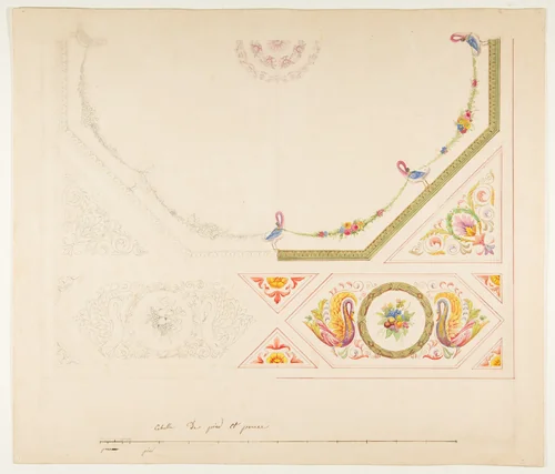 Design for a Ceiling with Swans and Cornucopias by anonymous, drawing, 1800-1899