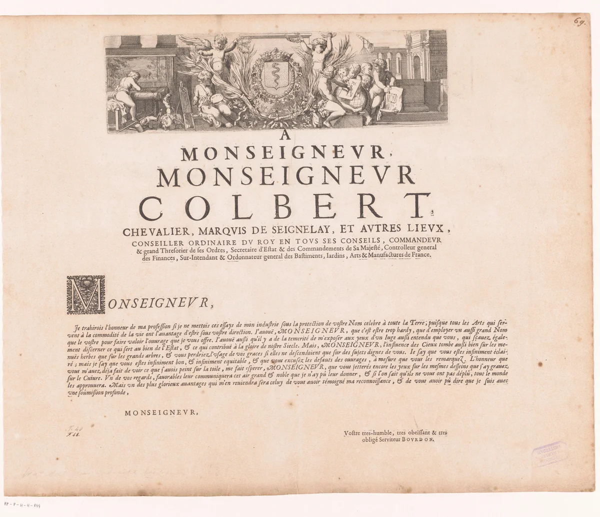 Putti actief in verschillende kunsten en putti met lauwerkransen om een wapenschild by Sébastien Bourdon, print, 1626-1671