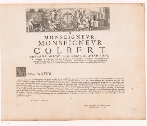 Putti actief in verschillende kunsten en putti met lauwerkransen om een wapenschild by Sébastien Bourdon, print, 1626-1671