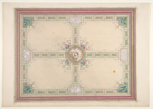 Design for a ceiling with floral accents and Greek key border by Jules-Edmond-Charles Lachaise, drawing, 1850-1900