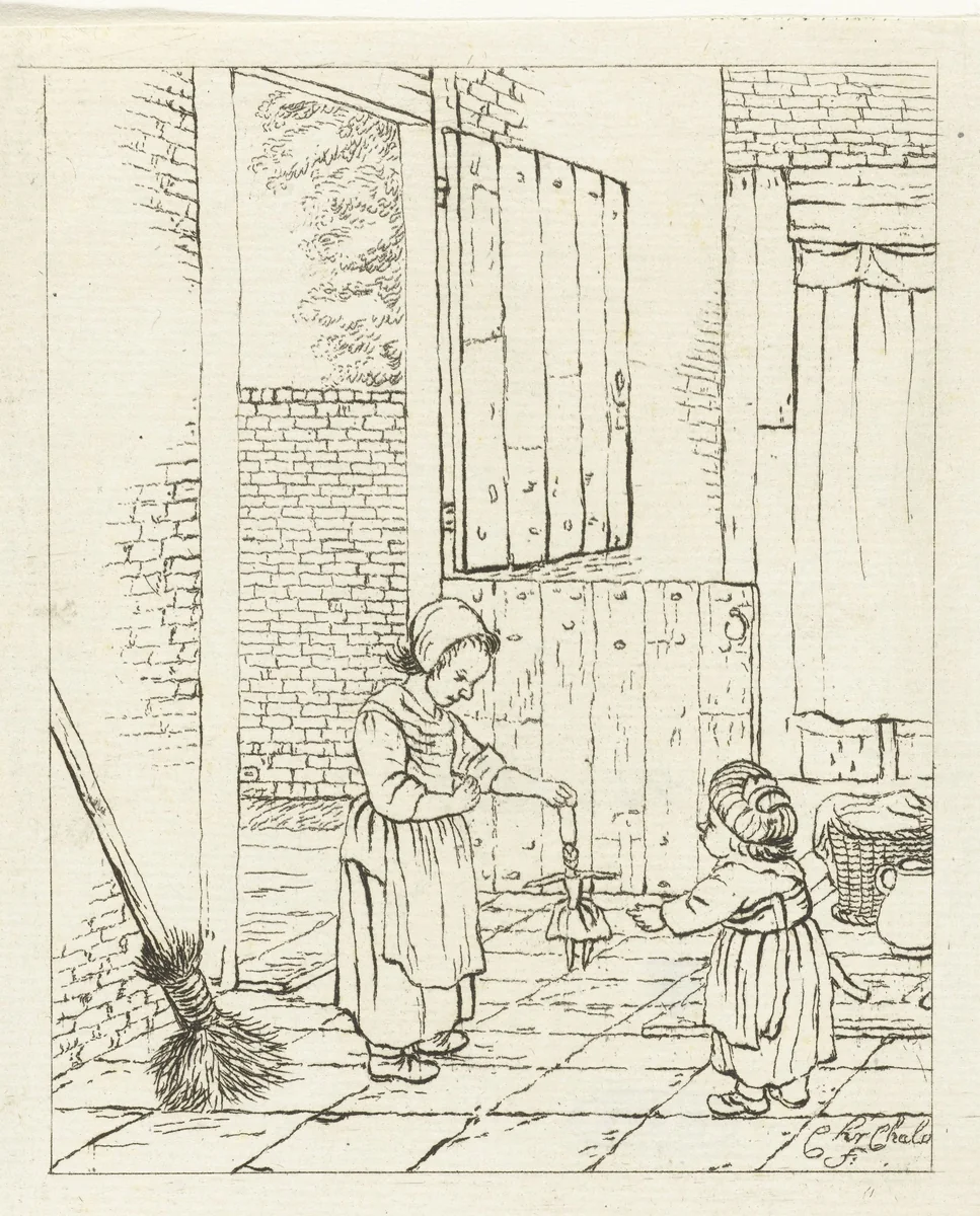 Twee meisjes spelend met een pop by Pieter de Mare, print, 1779
