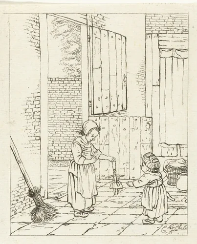 Twee meisjes spelend met een pop by Pieter de Mare, print, 1779