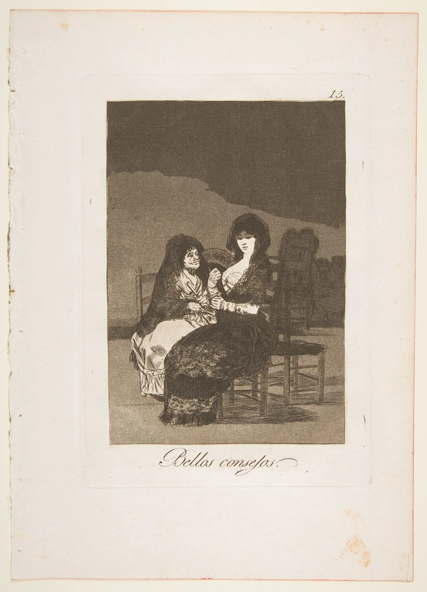 Plate 15 from "Los Caprichos": A pretty piece of advice (Bellos consejos) by Goya, print, 1799
