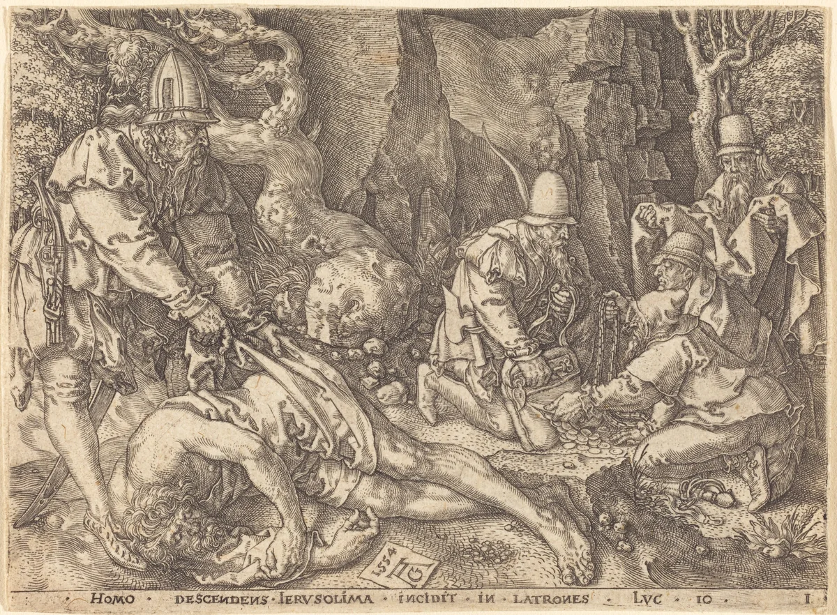 Traveler among Thieves by Heinrich Aldegrever, print, 1554