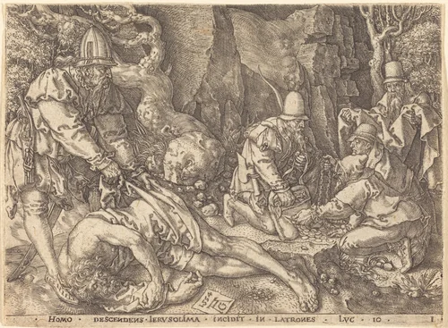 Traveler among Thieves by Heinrich Aldegrever, print, 1554