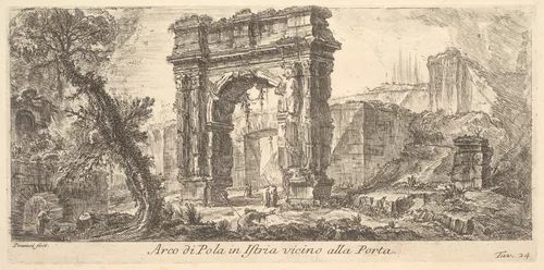 Plate 24: Arch of Pola in Istria near the Gate (Arco di Pola in Istria vicino alla Porta), from "Alcune Vedute di Archi Trionfali ed altri monumenti inalzati da Romani parte di quali se veggono in Roma e parte per l'Italia" (Some Views of Triumphal Arches and other monuments erected by the Romans, some of which are in Rome and some elsewhere in Italy) by Giovanni Battista Piranesi, print, 1745-1755