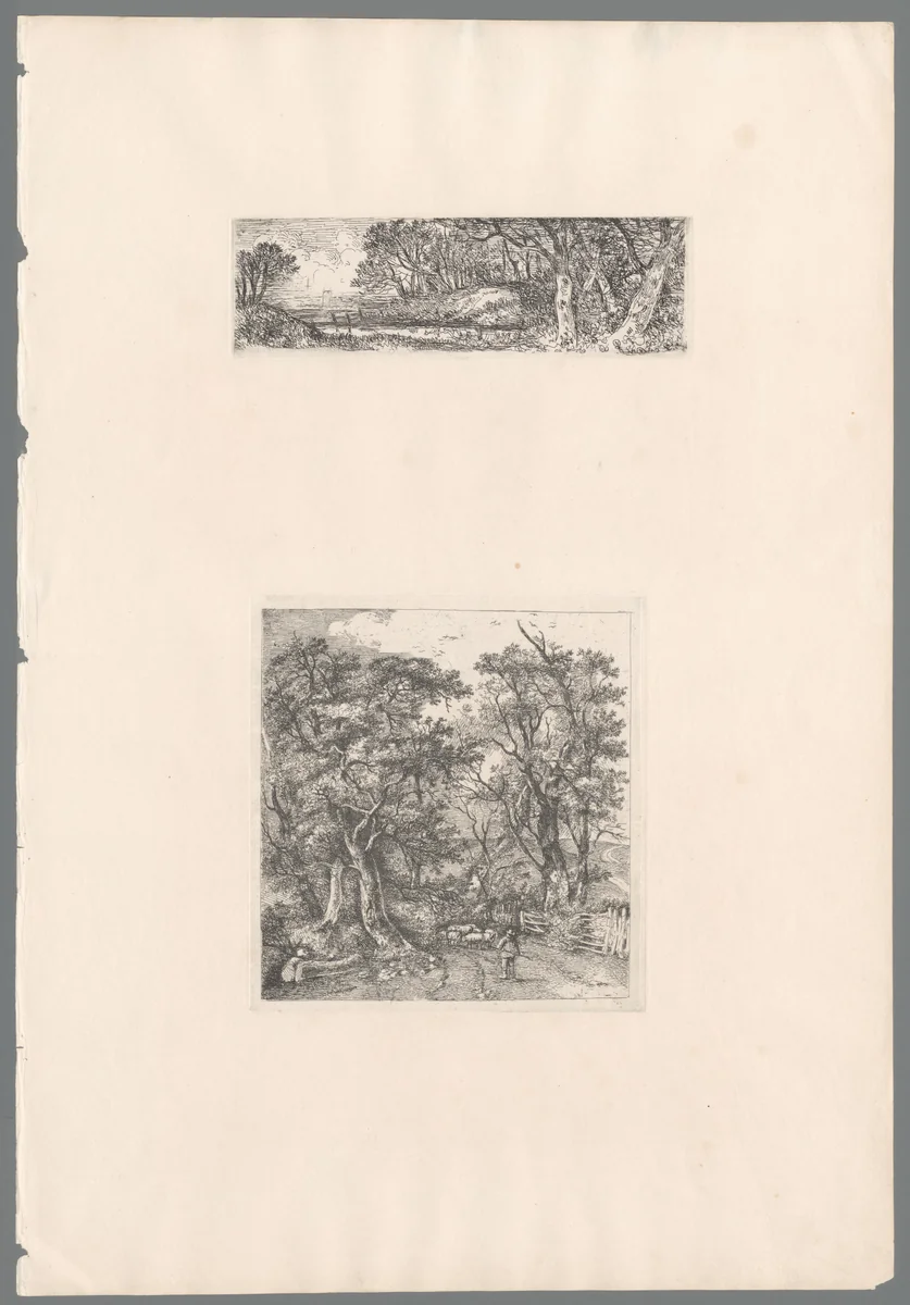 Herder met schapen op een pad tussen de bomen, rechts een open veld by John Crome, print, 1812