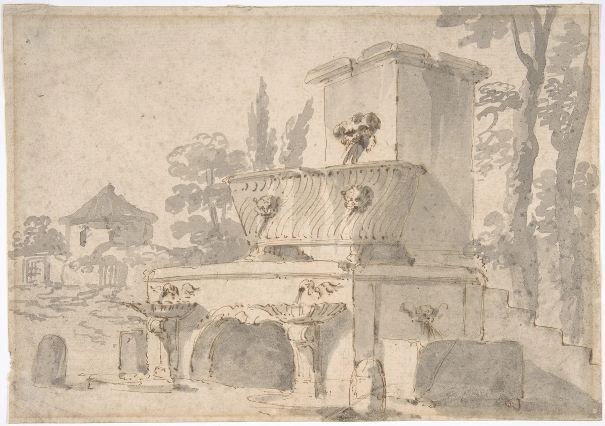 Venetian Capriccio: Landscape with a Farm Building, Sarcophagus, and Fountain (recto); Monument (verso) by Giuseppe Bernardino Bison, drawing, 1770-1844