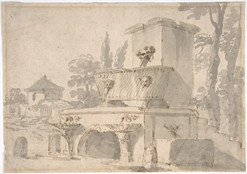 Venetian Capriccio: Landscape with a Farm Building, Sarcophagus, and Fountain (recto); Monument (verso) by Giuseppe Bernardino Bison, drawing, 1770-1844