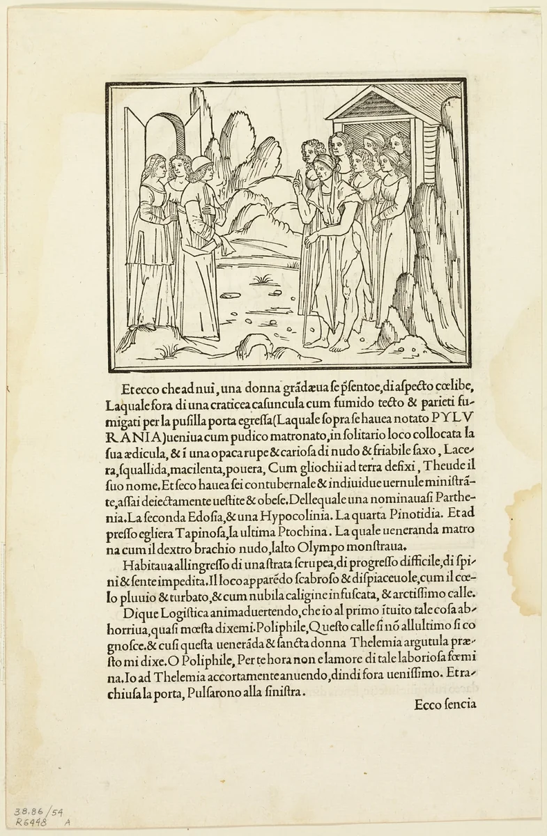 Poliphilus Meeting the Venerable Matron (recto) and Poliphilus in a Rocky Place (verso) from Hypnerotomachia Poliphili (The Strife of Love in a Dream) Plate 54 from Woodcuts from Books of the 15th Century by Unknown Artist, print, 1499
