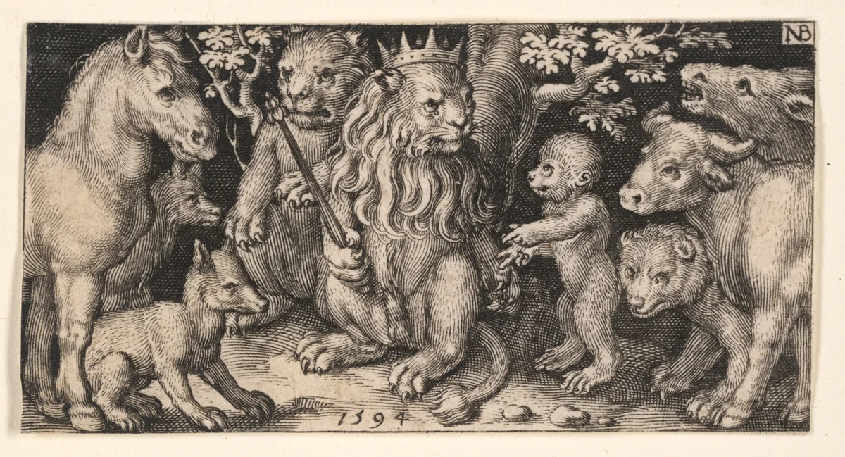 Crowned Lion from Fighting Chimeras and Scenes from Aesop's Fables by Nicolaes de Bruyn, print, 1594