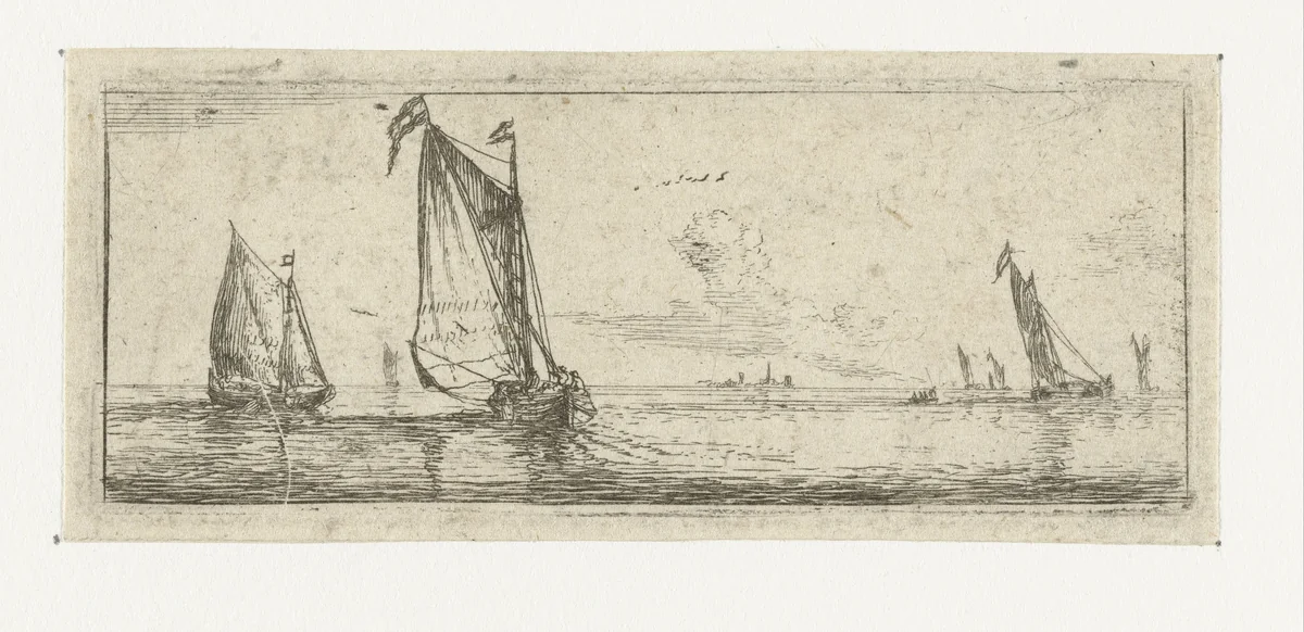 Klein zeegezicht met twee barken by Reinier Nooms, print, 1650-1664
