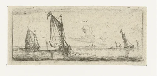 Klein zeegezicht met twee barken by Reinier Nooms, print, 1650-1664